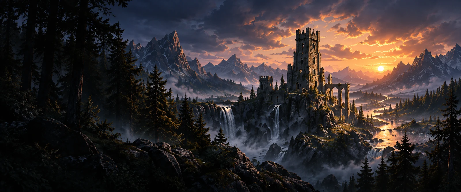 Original fantasy illustration of a ruined tower, waterfalls and pine-covered mountains at sunset; not official Aion 2 artwork